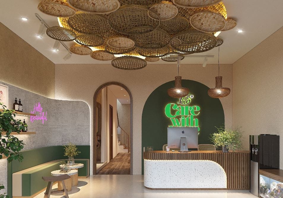Bright reception area with modern decor and vibrant colors