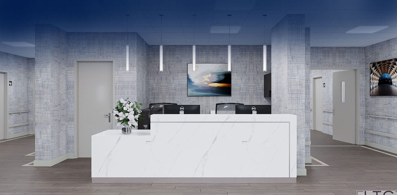 A modern reception area with a white front desk