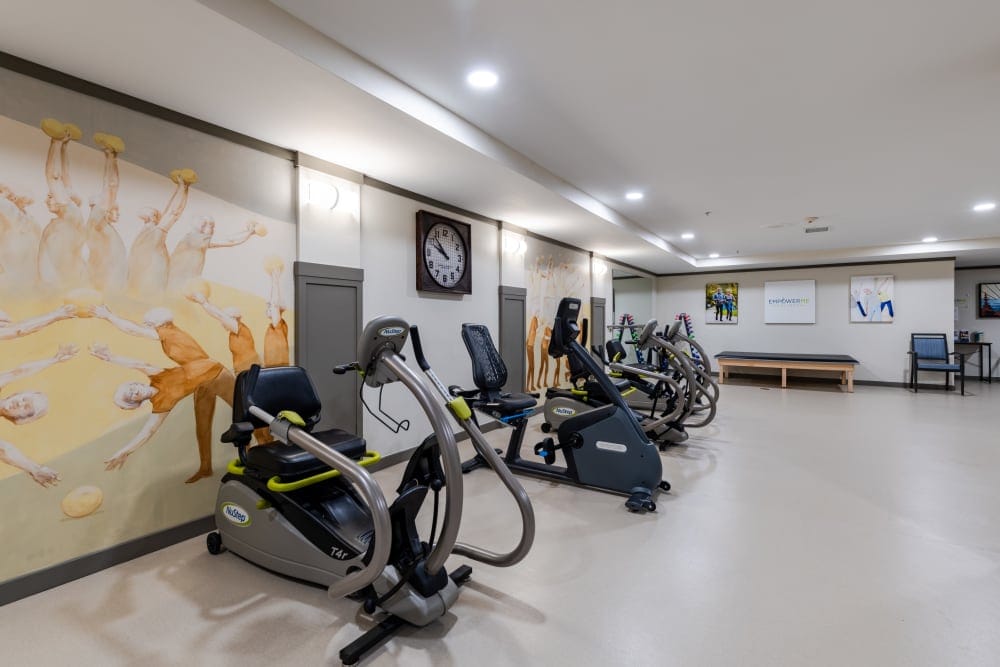 Interior of a fitness area with exercise equipment.