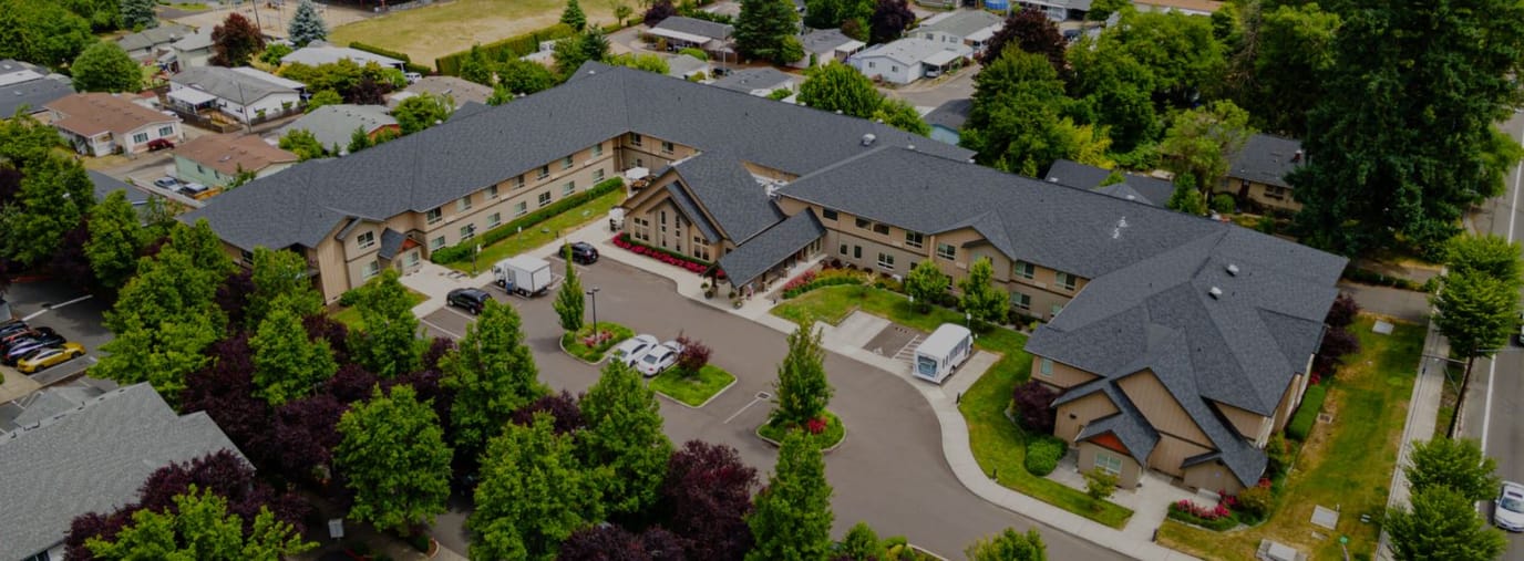 Aerial view of Arcadia Senior Living facility and grounds