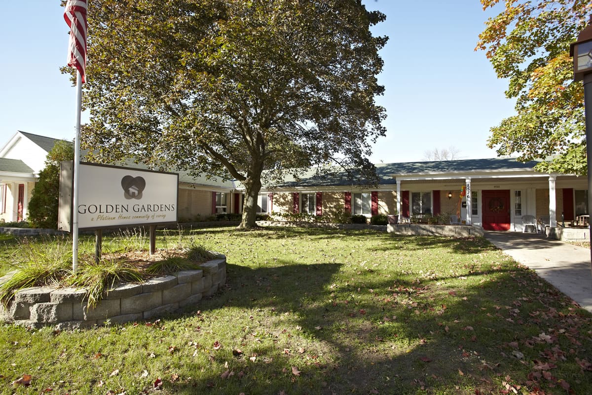 Exterior view of Golden Gardens with landscaping
