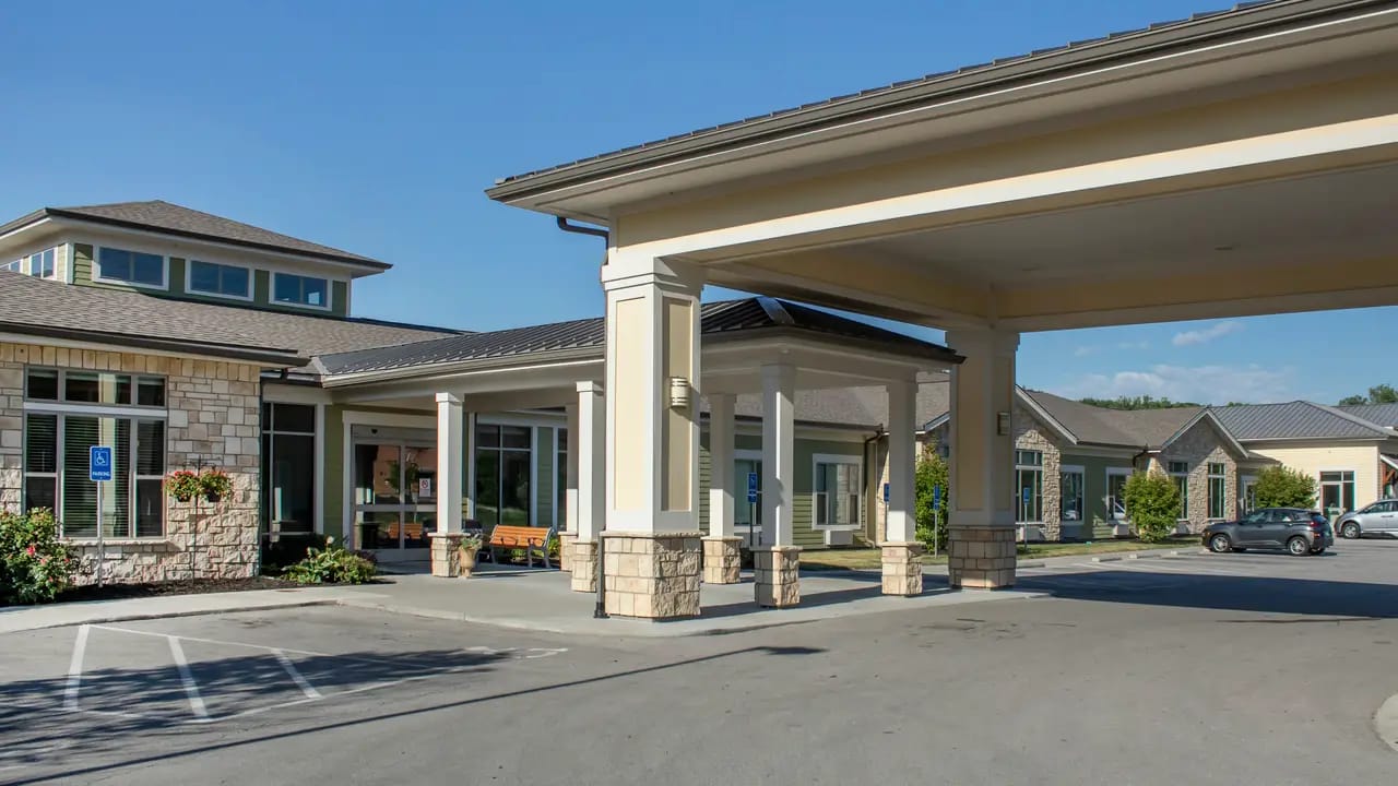 Exterior view of assisted living facility entrance
