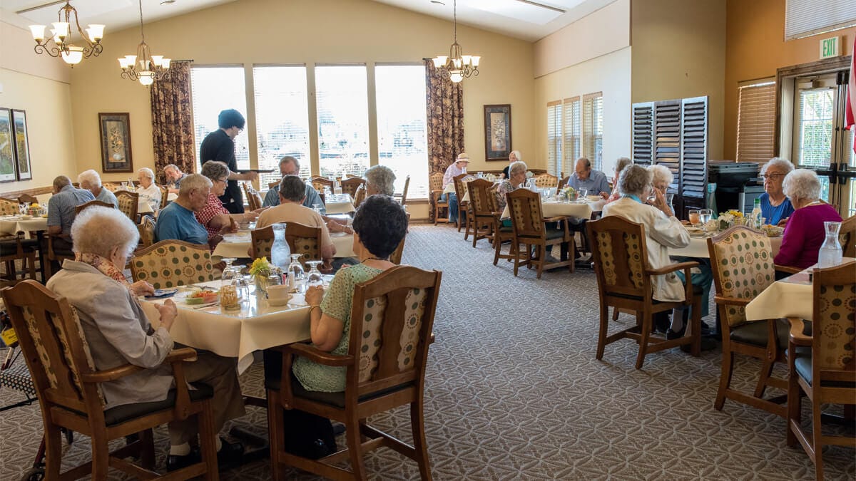 Residents enjoying meals in a dining room
