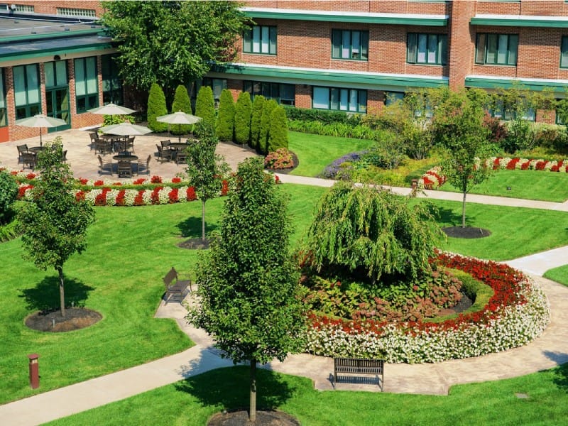 A landscaped outdoor garden area with seating