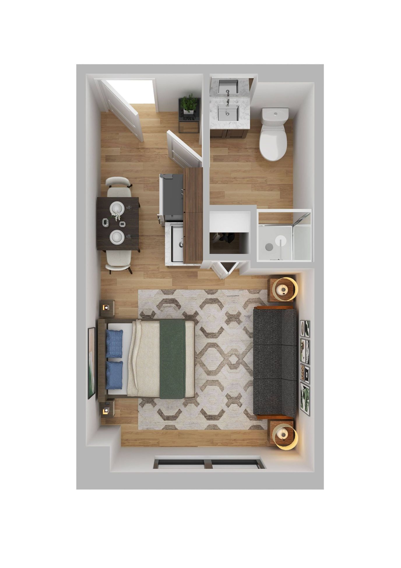 Layout of a private resident room with furniture