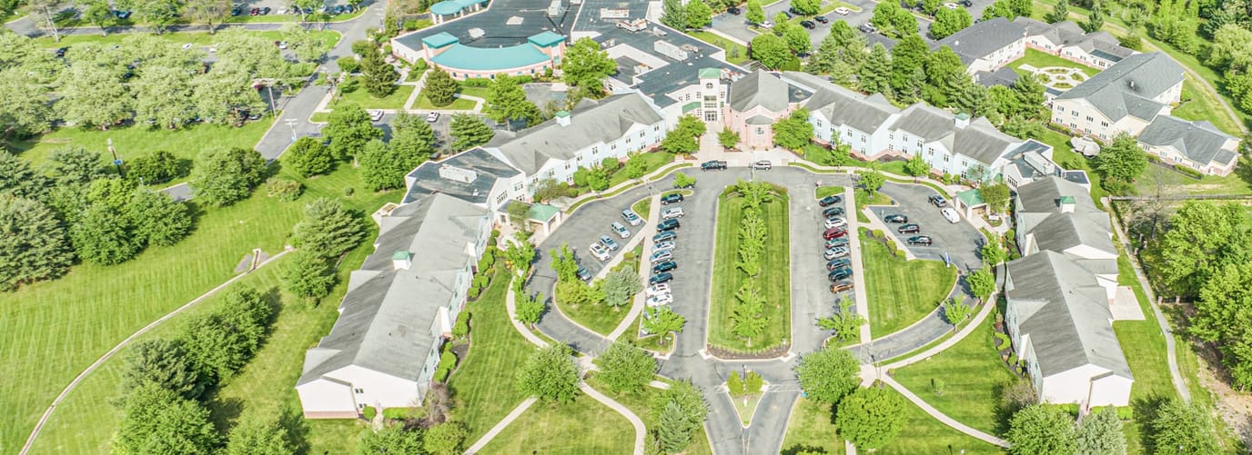 Aerial view of The Terraces at Lawrence campus and surrounding gardens