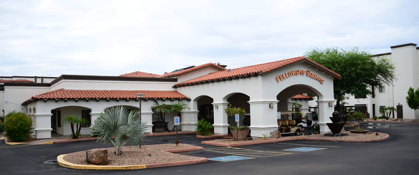 Exterior view of Fellowship Square-Mesa with entrance and landscaping