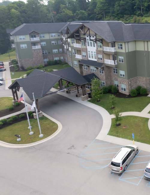 Aerial view of the entrance and exterior of Harmony at Morgantown