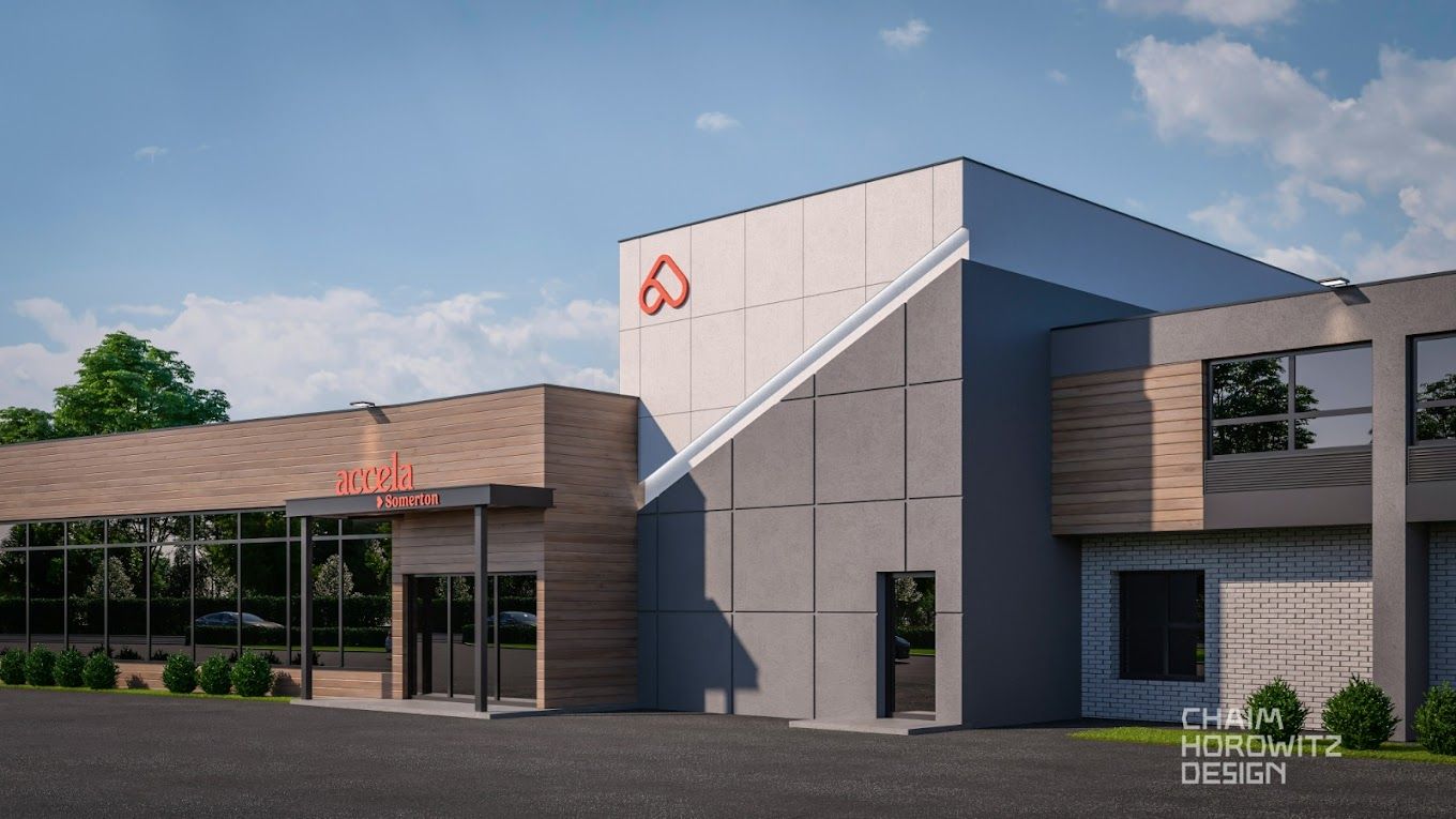 Exterior view of Accela rehab facility with logo