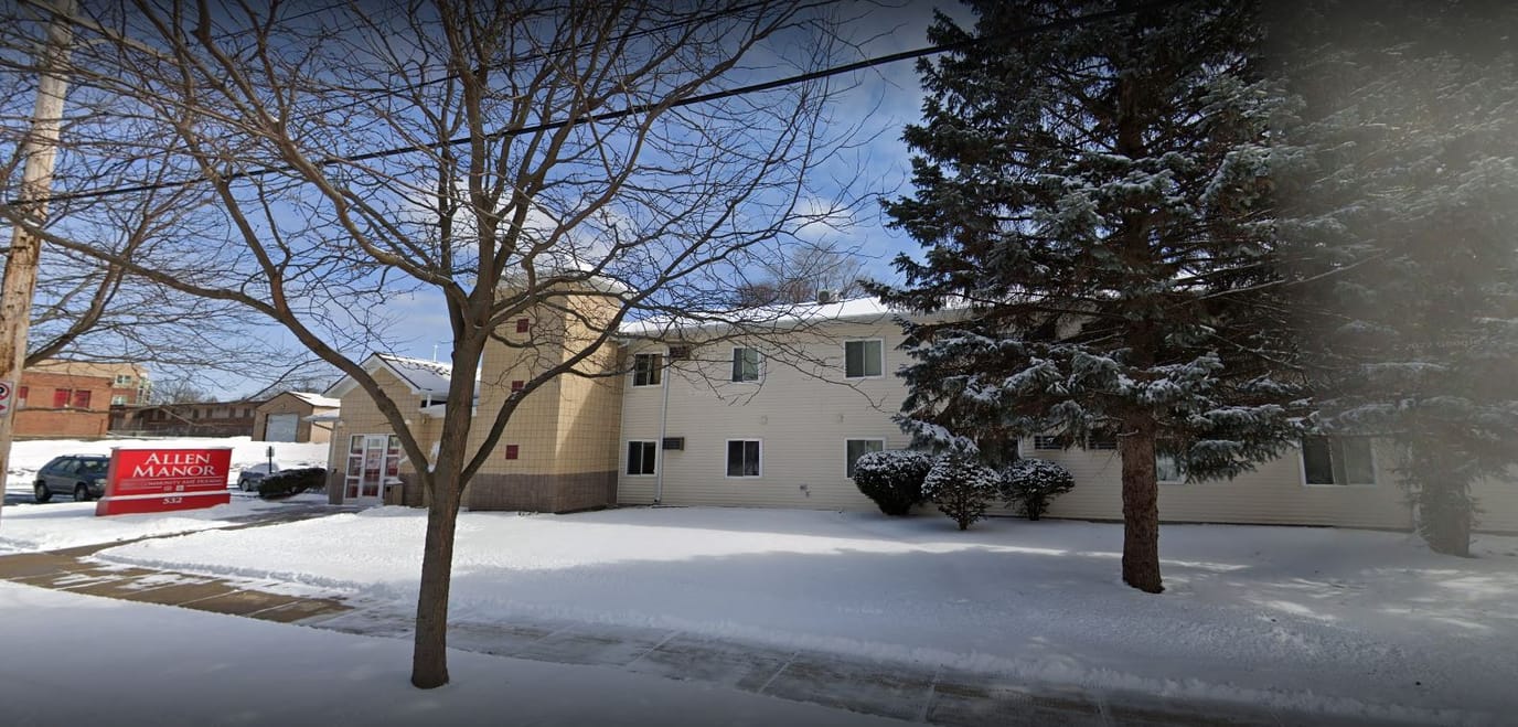 Exterior view of Allen Manor Senior Housing in winter