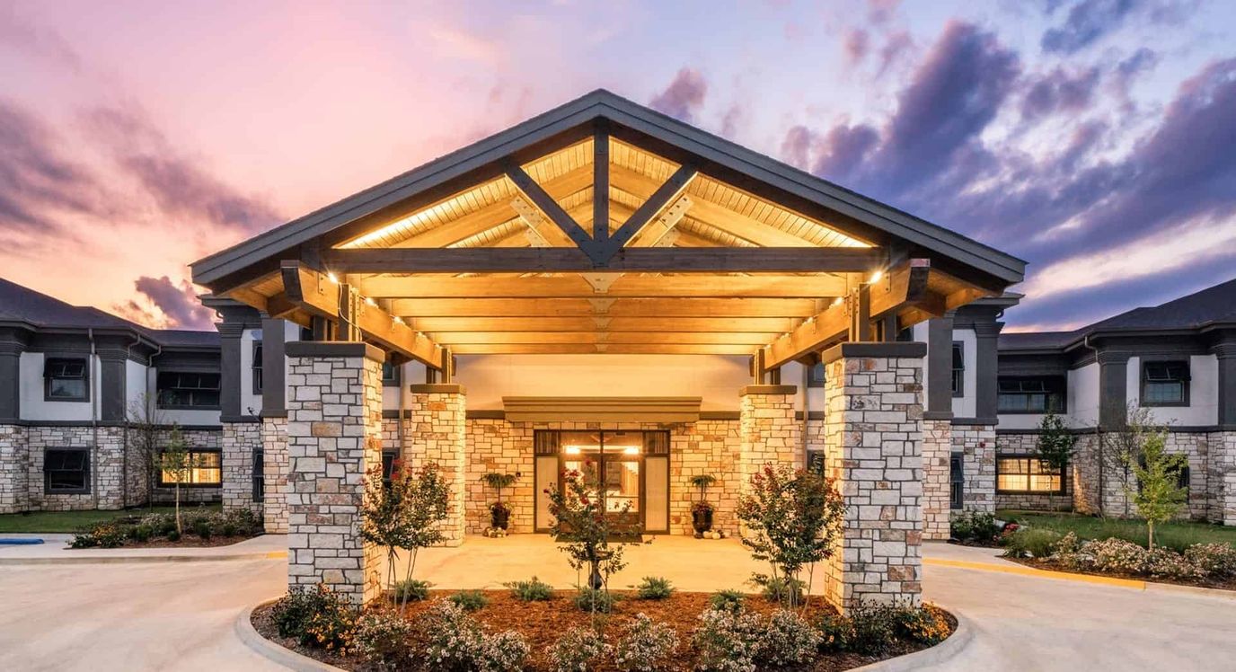 Entrance of Aspen Health and Rehab at sunset