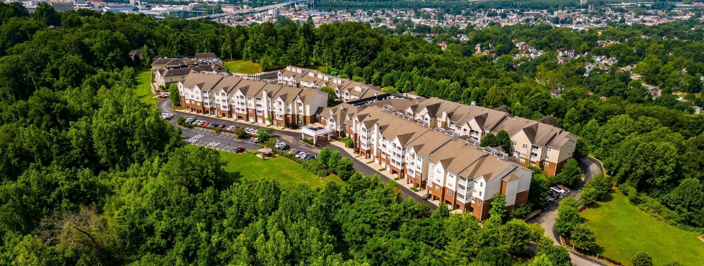Aerial view of the facility surrounded by greenery