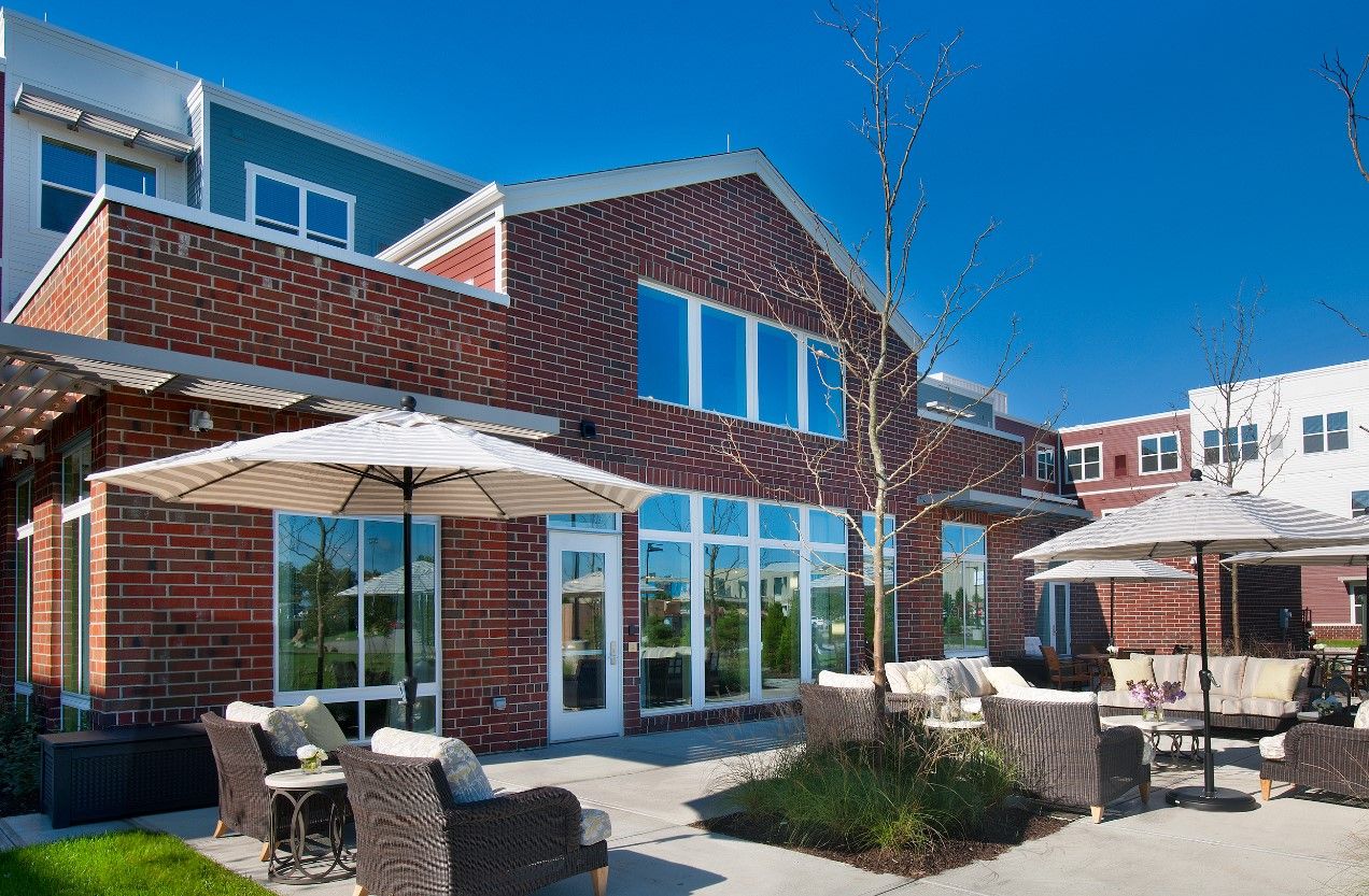 Exterior view of patio area with seating