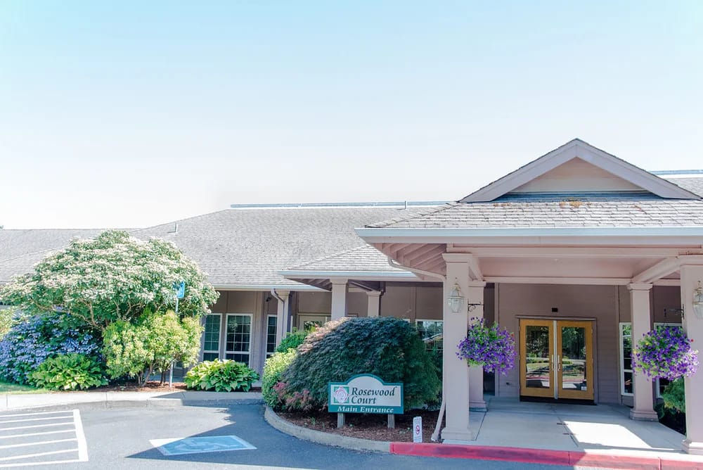 Exterior view of Rosewood Court with landscaped entrance