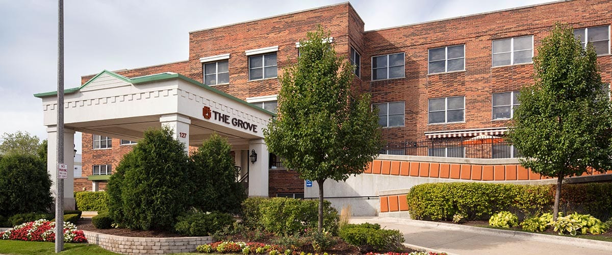 Exterior view of The Grove Elmhurst facility entrance