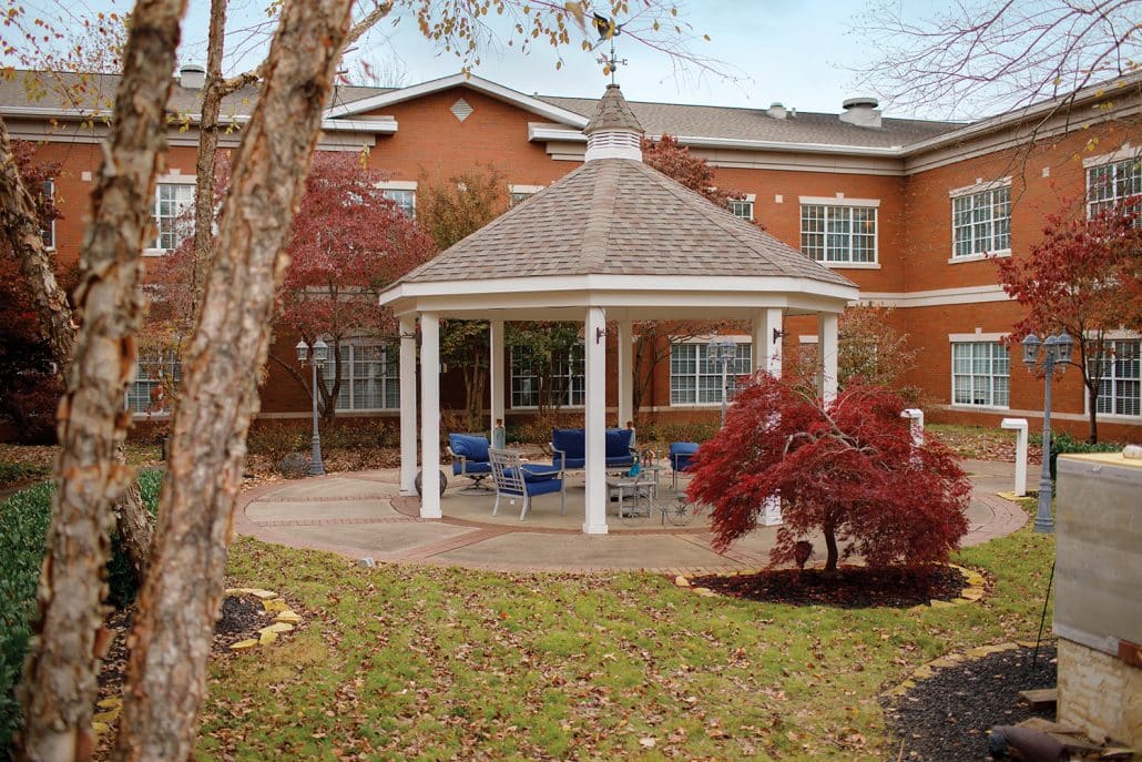 Garden gazebo with seating in a senior living facility