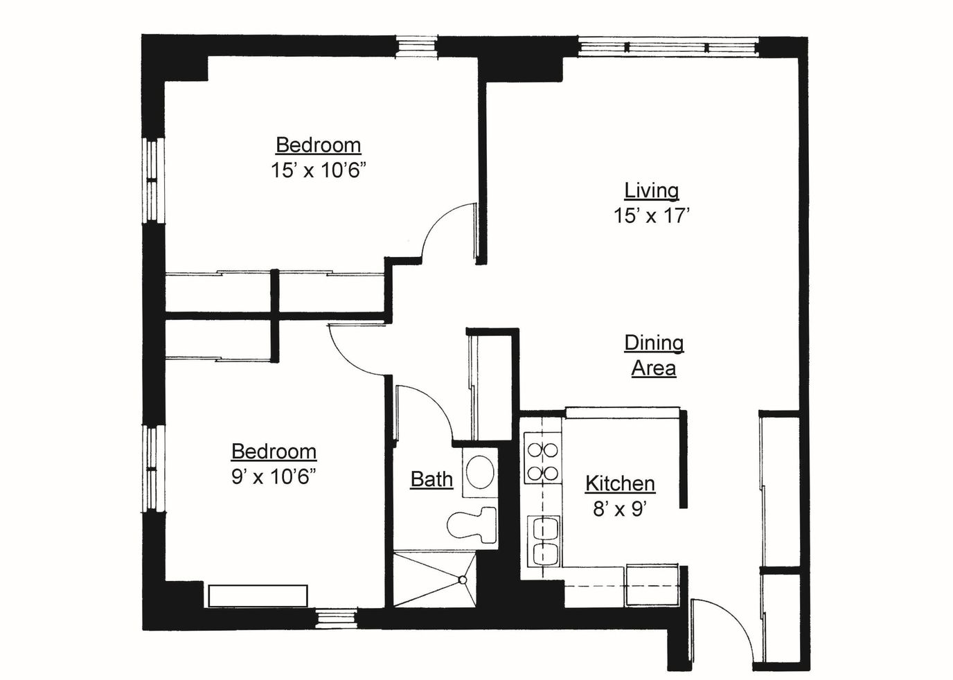 Architectural floor plan with labeled rooms and dimensions