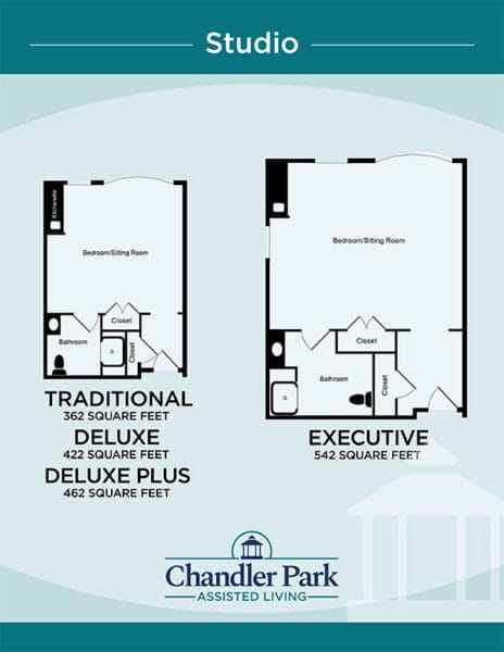 Architectural floor plan of studio options