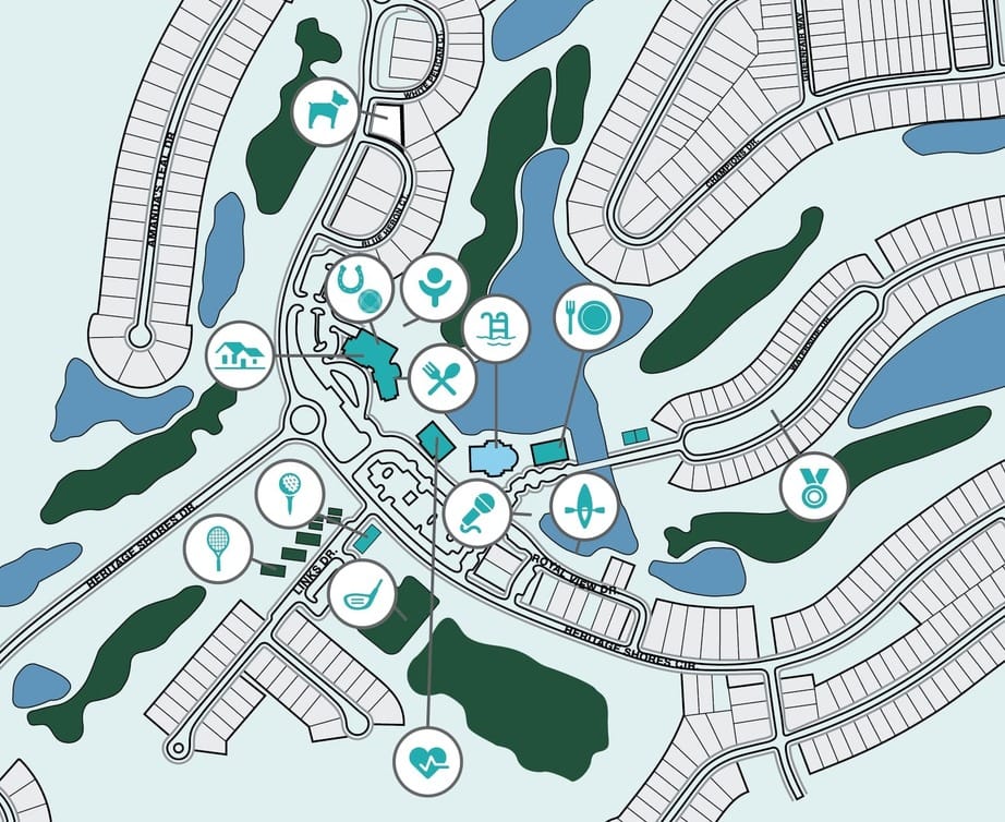 Heritage Shores – New Home Discovery Center, independent living in Bridgeville, DE — Map layout of senior living community amenities and features