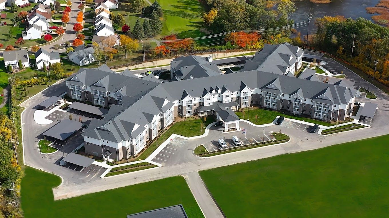 Aerial view of a modern assisted living facility