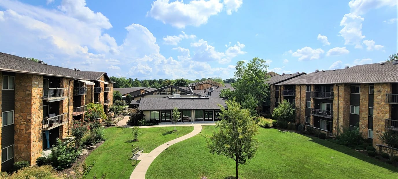A view of landscaped grounds and building exteriors