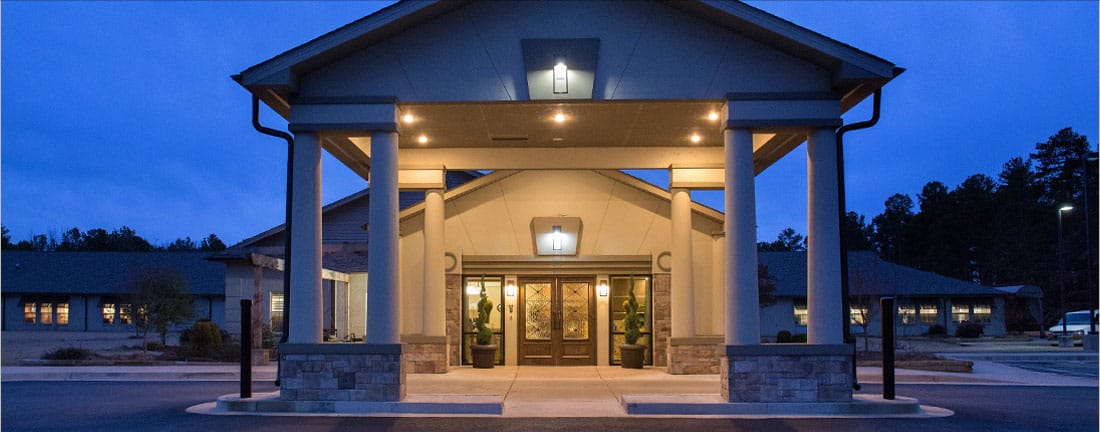 Entrance of Good Shepherd Nursing and Rehabilitation Center at dusk