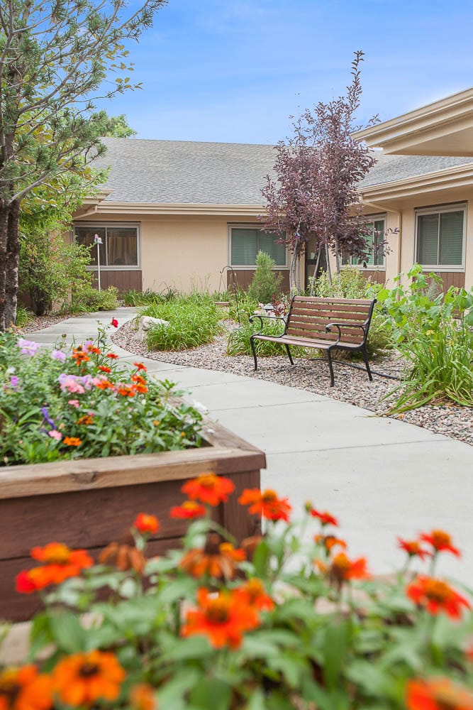 A peaceful outdoor garden pathway with benches and flowers