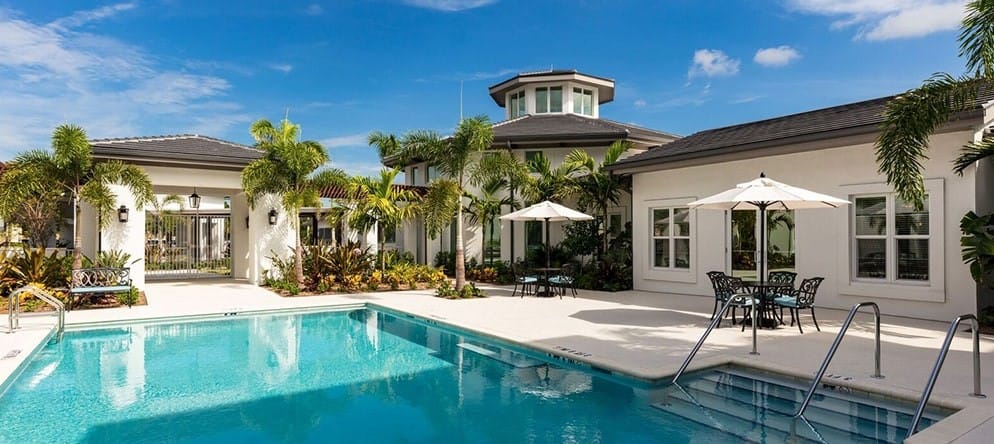 Outdoor pool area with palm trees and seating