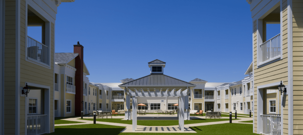 View of a courtyard with seating and landscaping