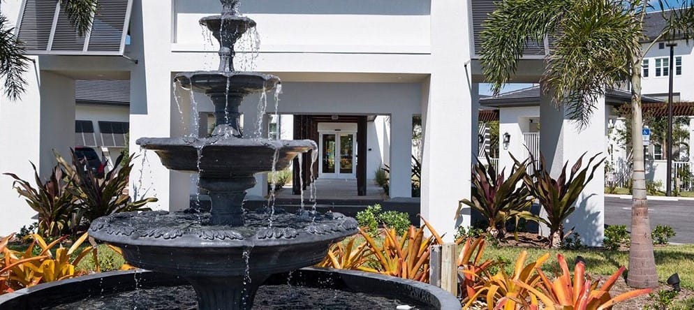 Fountain in front of a senior living facility