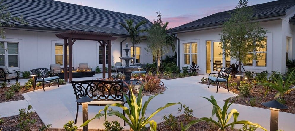 Tranquil outdoor seating area with a fountain