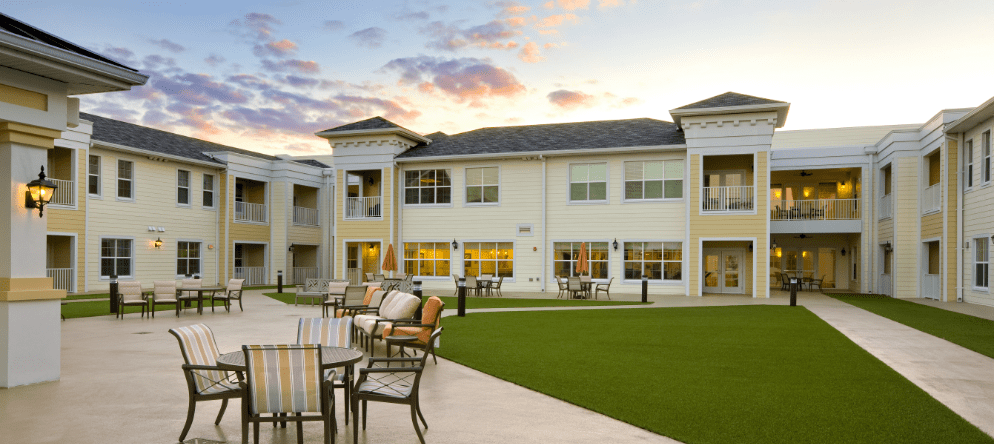 Outdoor courtyard area with seating and landscaping