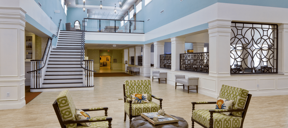 Bright and spacious lobby area with seating
