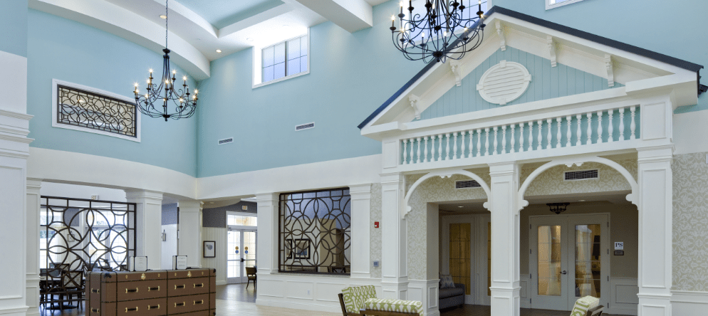 Bright and spacious common area with chandeliers
