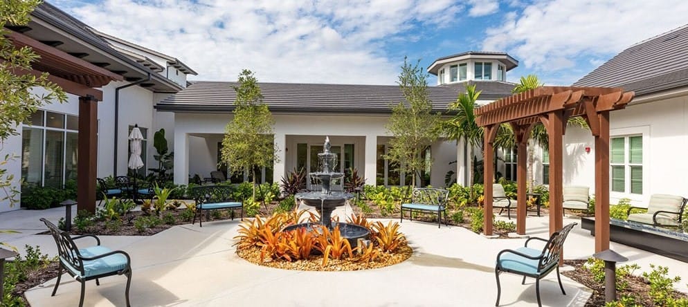 Beautiful outdoor courtyard with a fountain and seating