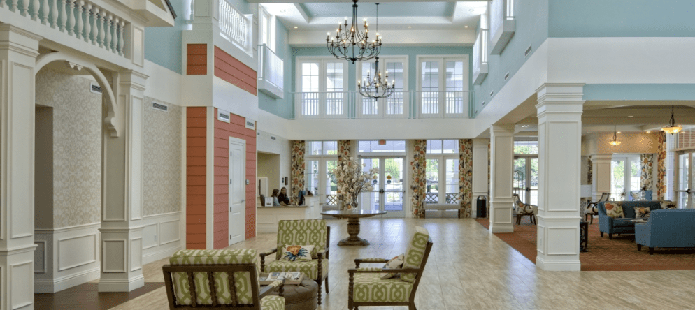 Bright and welcoming interior of a senior living facility lobby