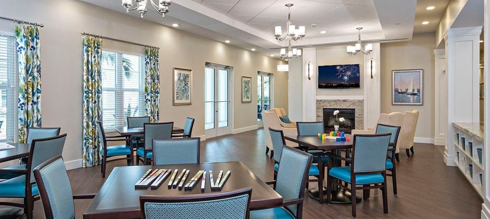 Bright and inviting common area with decorated tables