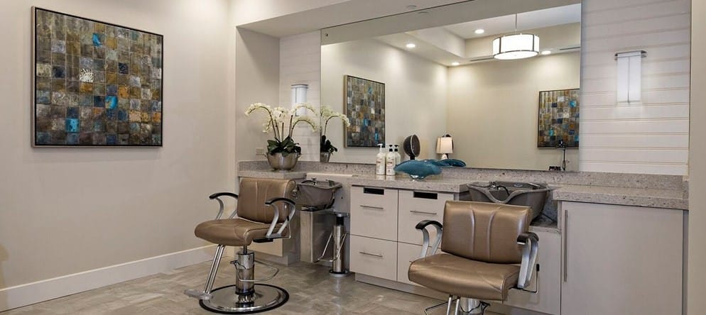 Bright and modern hair salon area in assisted living facility