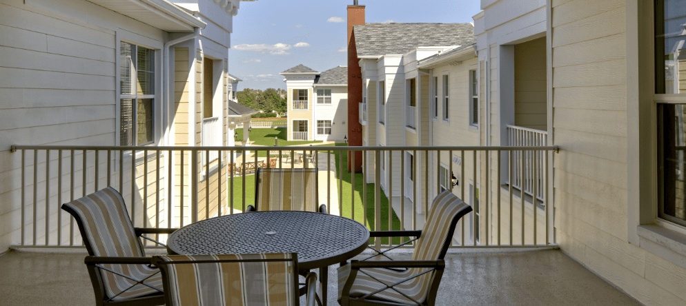 Balcony view overlooking the courtyard and buildings