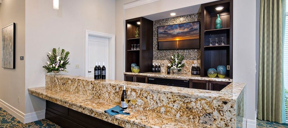 Interior view of a stylish common area with a bar