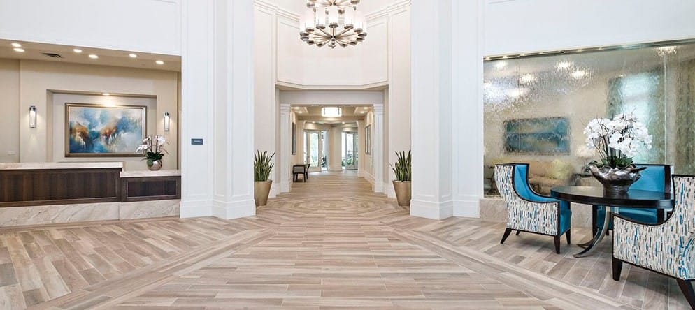 Brightly lit lobby of a senior living facility