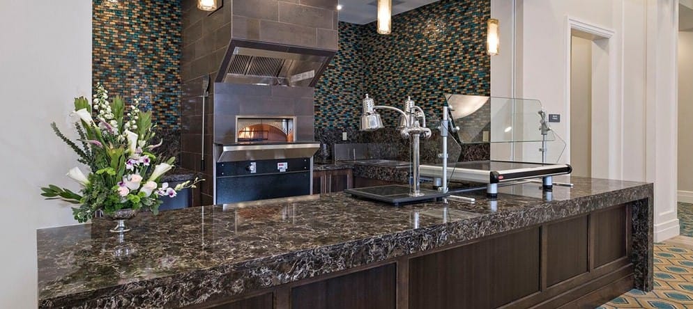 Stylish dining area with modern decor and an oven
