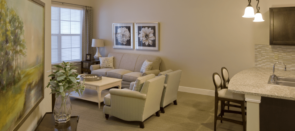 Cozy living room area of a resident's suite