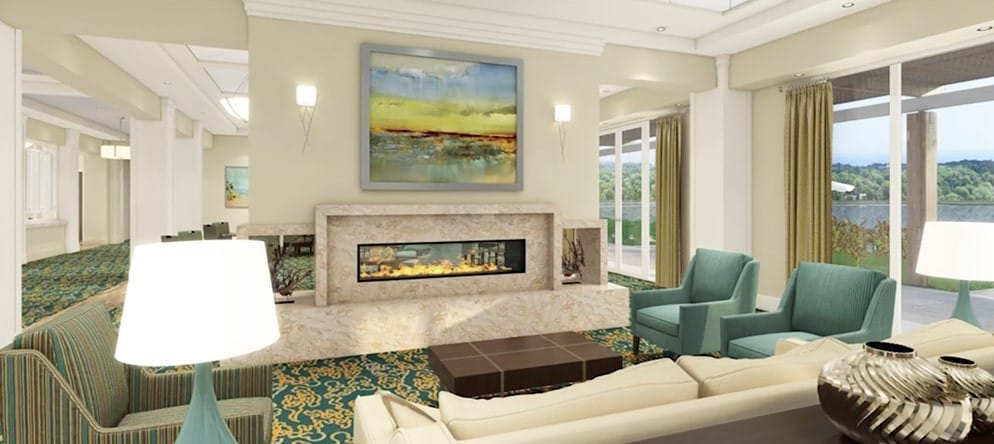 Bright common area with seating and artwork