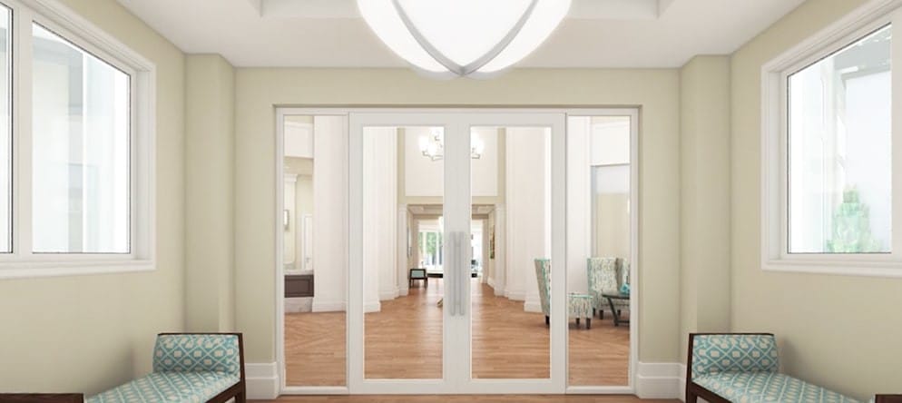 Bright lobby area with seating and natural light