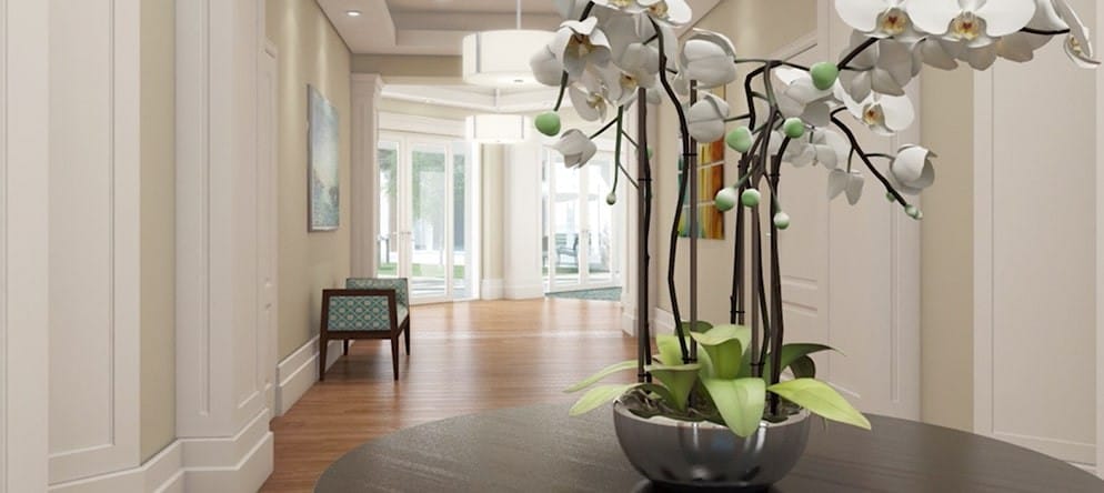 Interior hallway with a floral arrangement