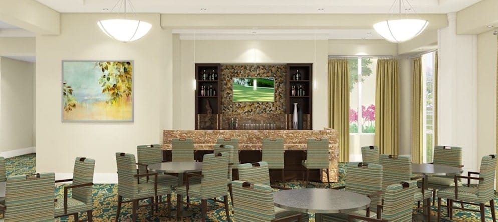 Interior view of a dining area with chairs and tables