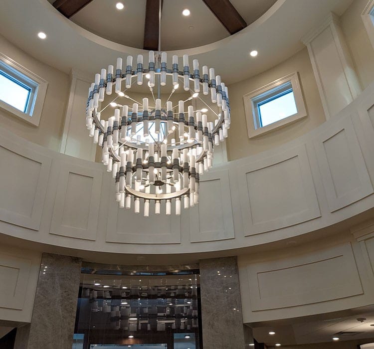 Elegant chandelier in a facility foyer