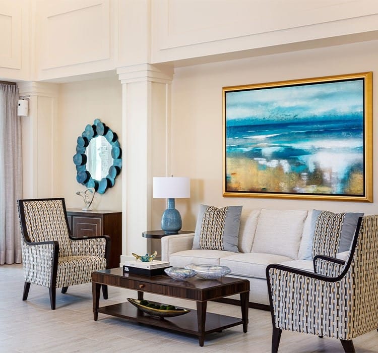 Bright interior lounge area with modern furniture
