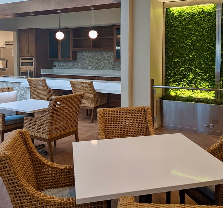 Bright dining area with modern decor and seating